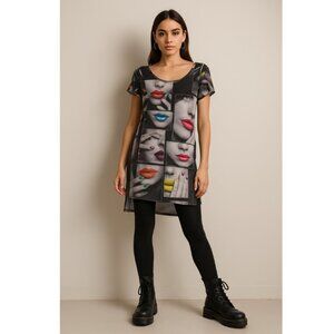 Y2K Retro Graphic Mesh Bodycon Mini Dress Lips Nails Print | Medium